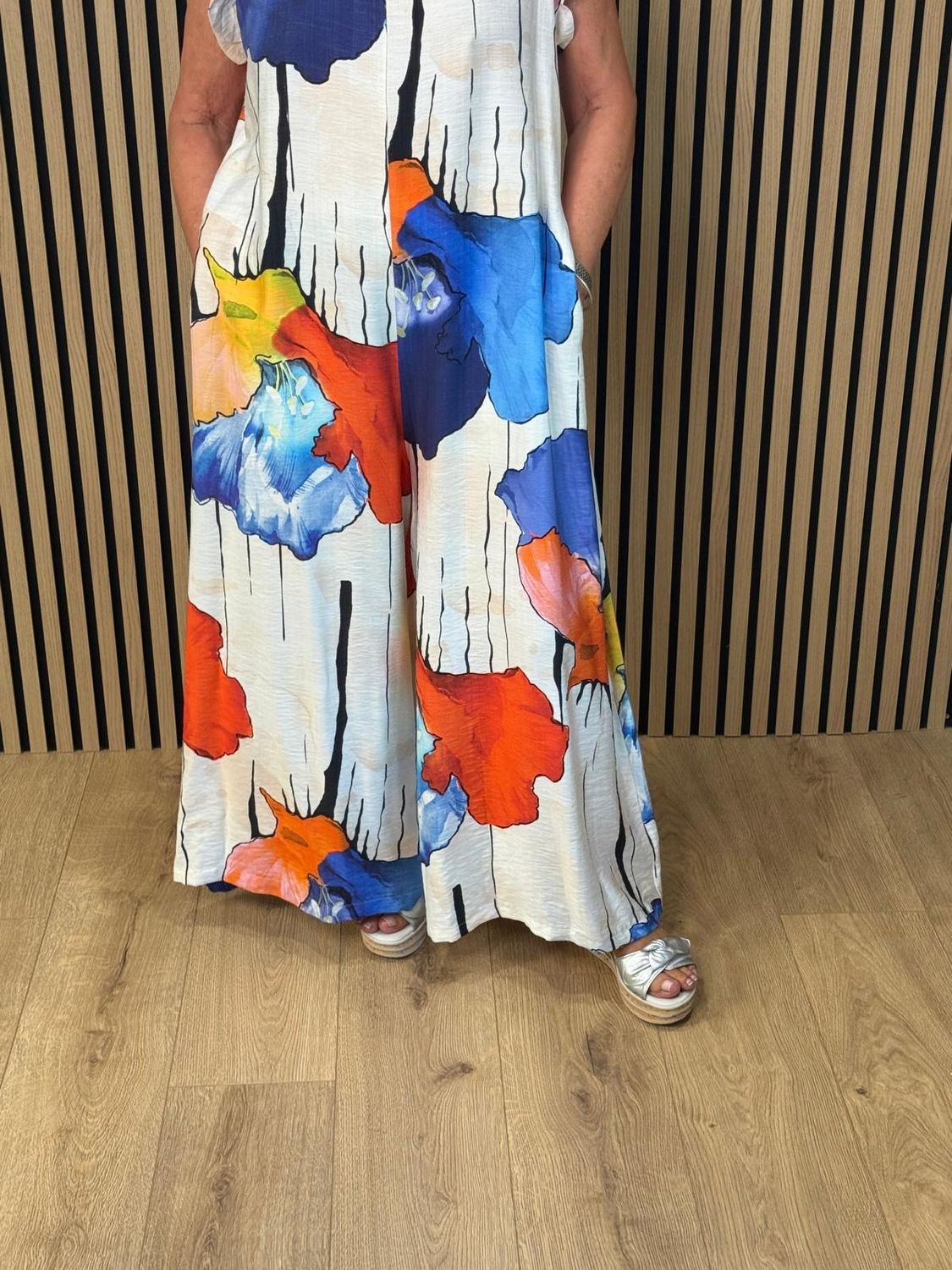 Tropical Floral Wide Leg Jumpsuit by Fly Out – 💙🧡🤍