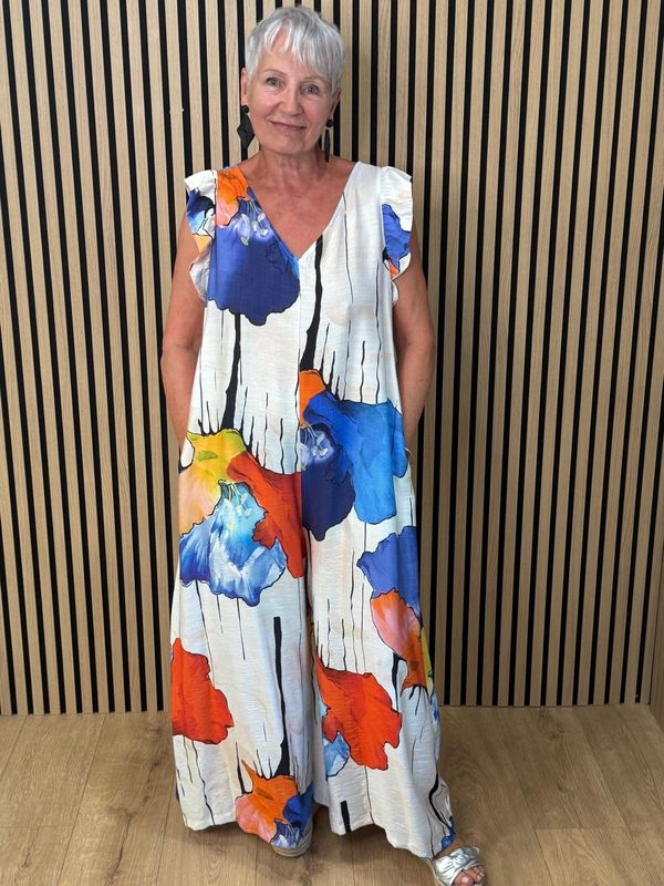 Tropical Floral Wide Leg Jumpsuit by Fly Out – 💙🧡🤍