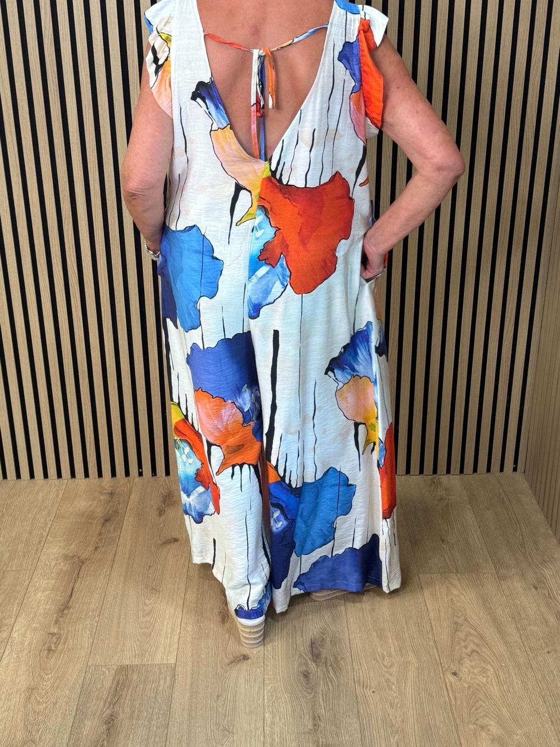 Tropical Floral Wide Leg Jumpsuit by Fly Out – 💙🧡🤍