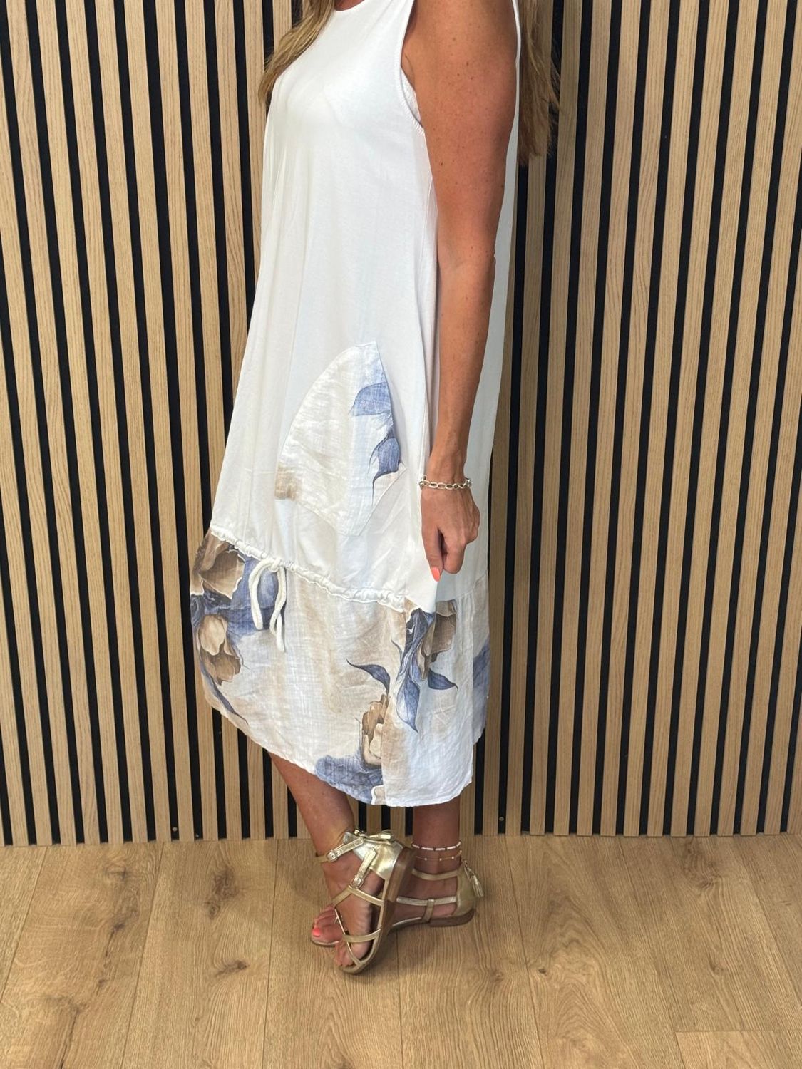 Floral Border Cotton Blend Dress – White/blue