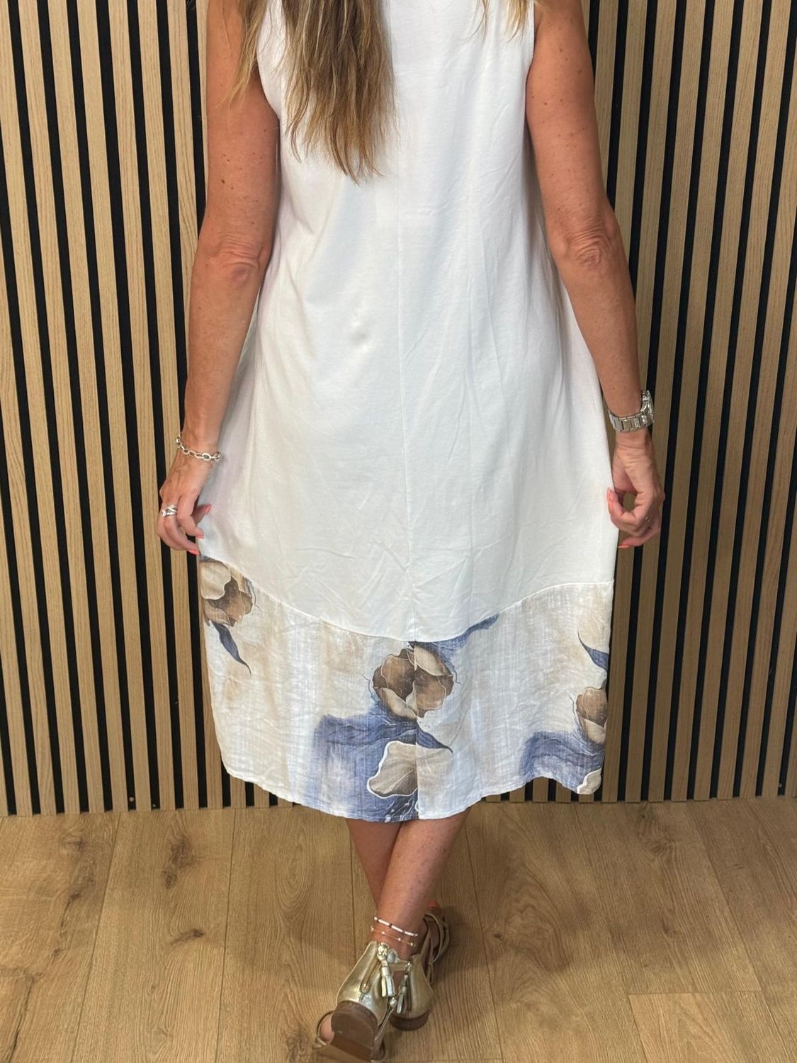 Floral Border Cotton Blend Dress – White/blue