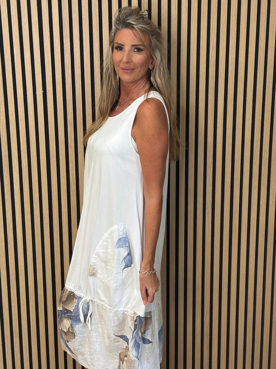 Floral Border Cotton Blend Dress – White/blue