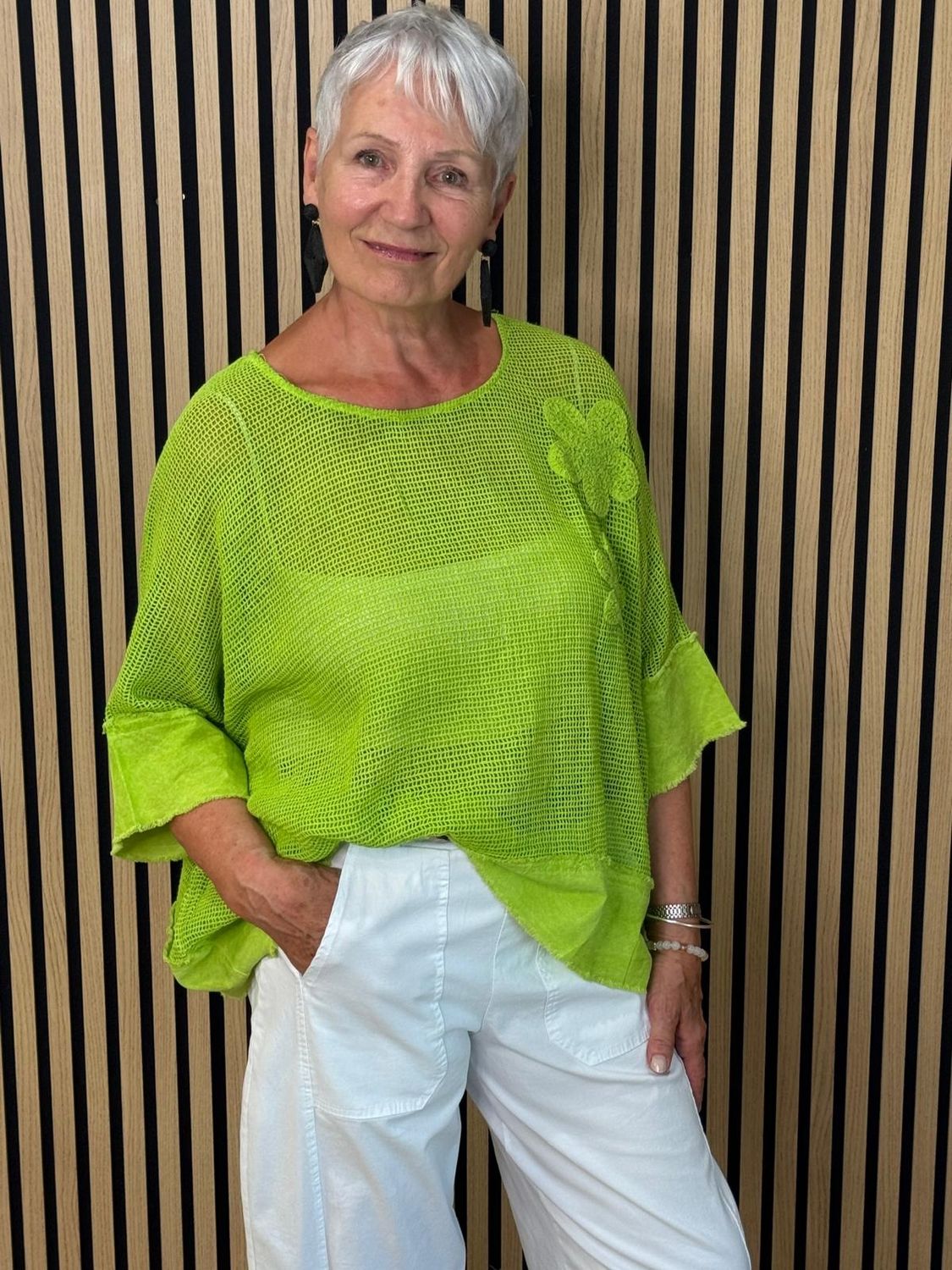 Floral Mesh Cotton Top – Lime
