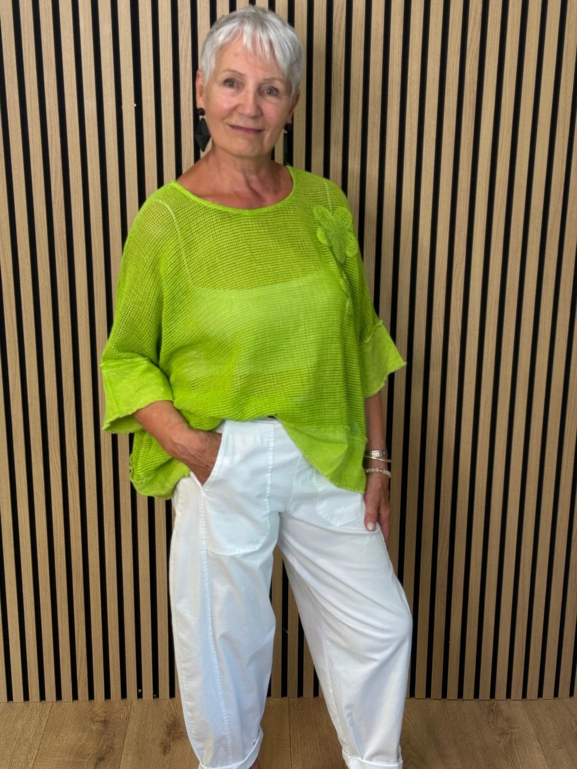 Floral Mesh Cotton Top – Lime