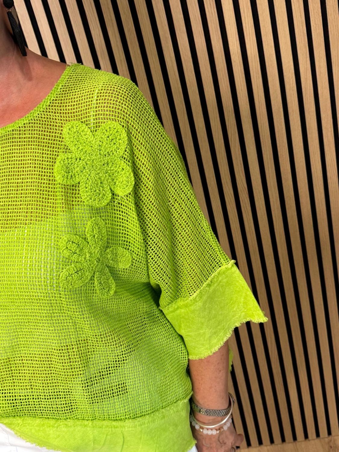 Floral Mesh Cotton Top – Lime