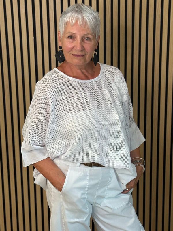 Floral Mesh Cotton Top – White