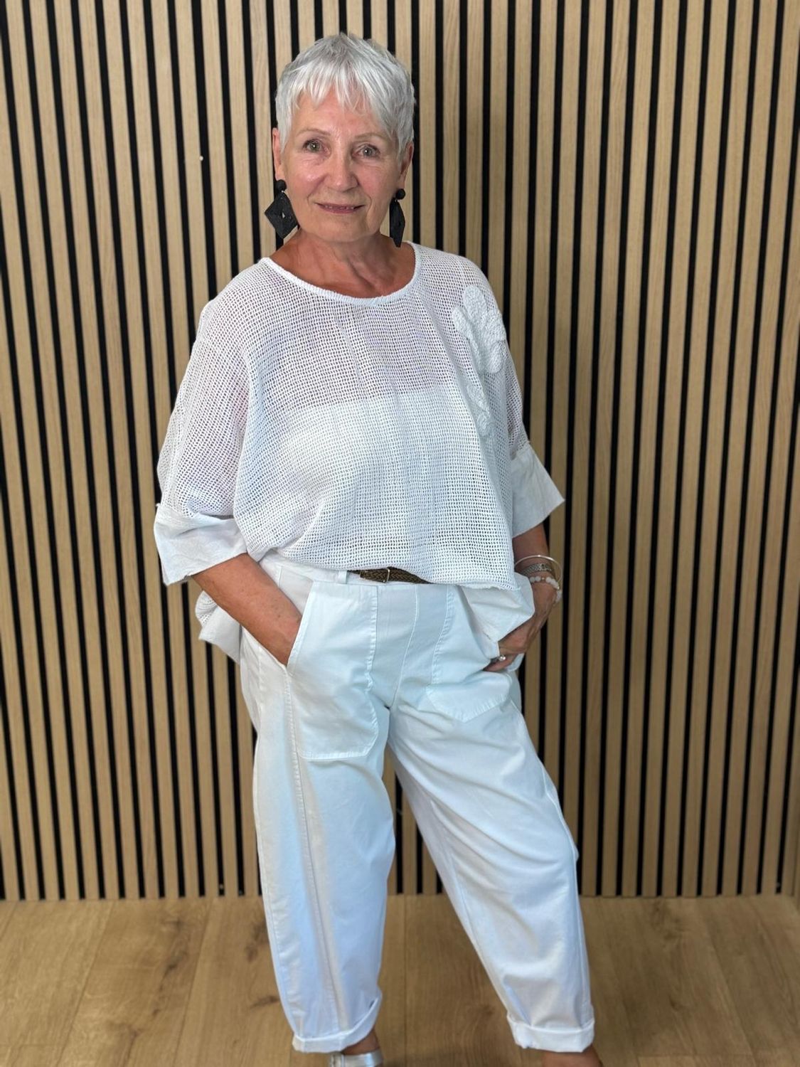 Floral Mesh Cotton Top – White