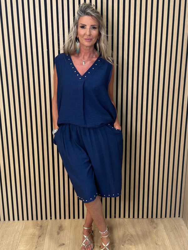Stud Detail V-Neck Short Set – Navy