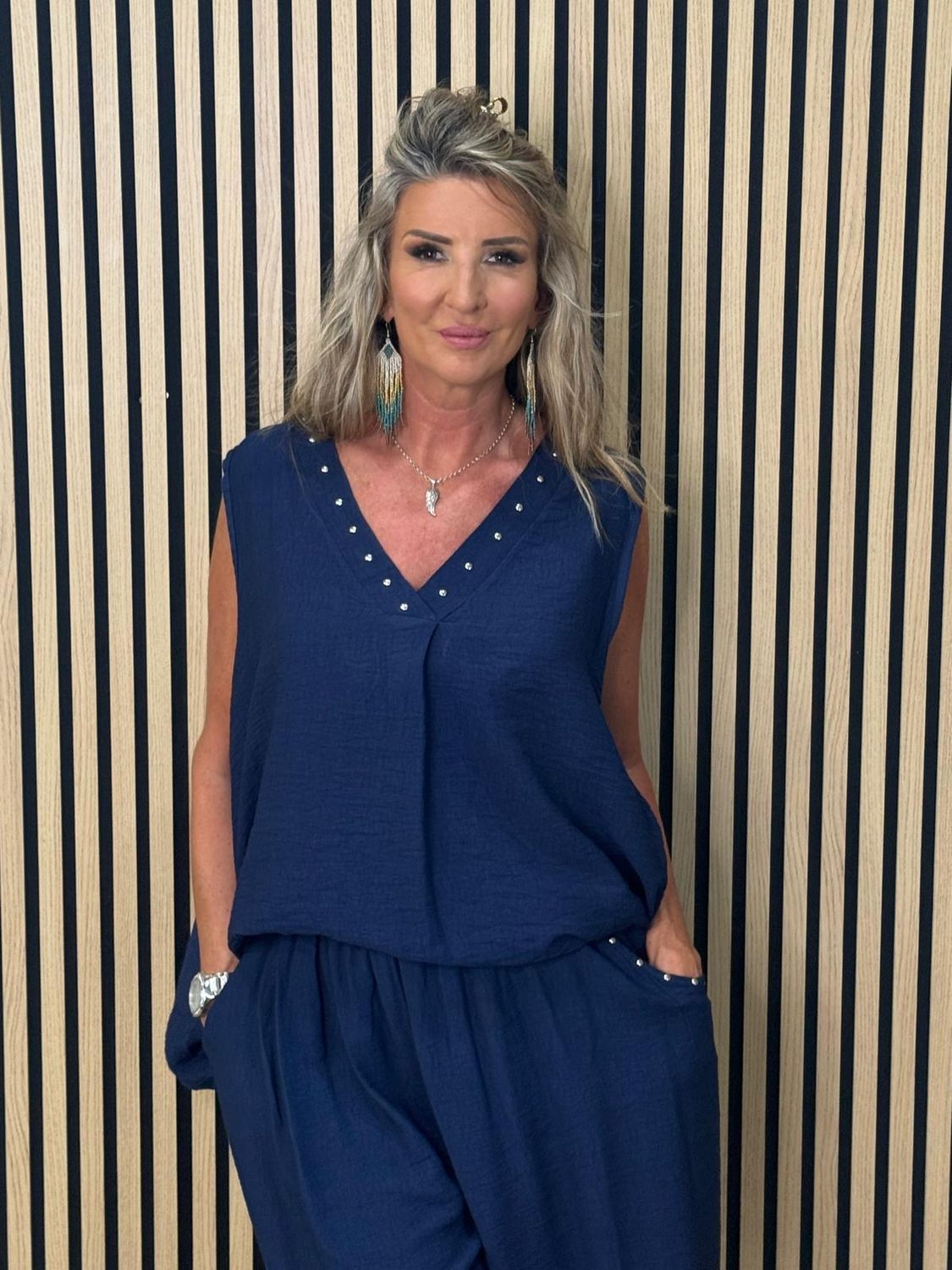 Stud Detail V-Neck Short Set – Navy
