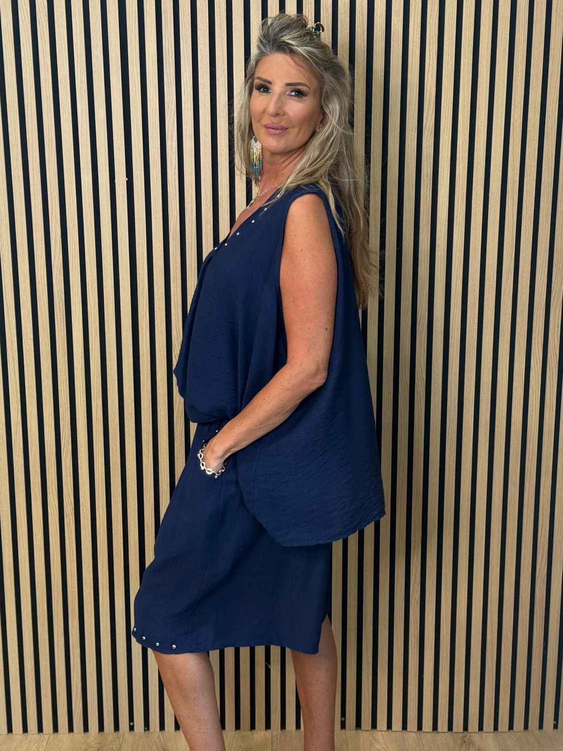 Stud Detail V-Neck Short Set – Navy