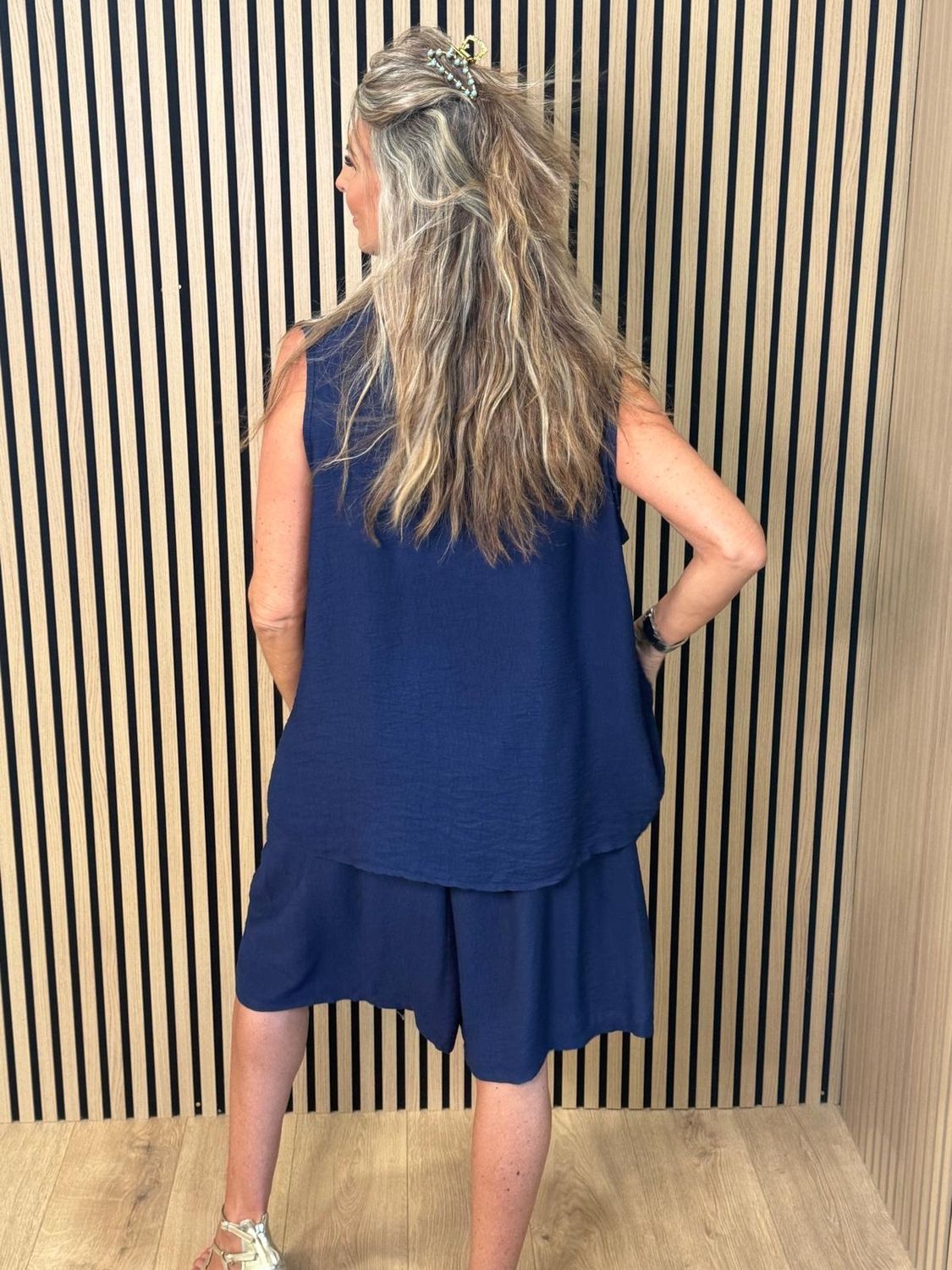 Stud Detail V-Neck Short Set – Navy