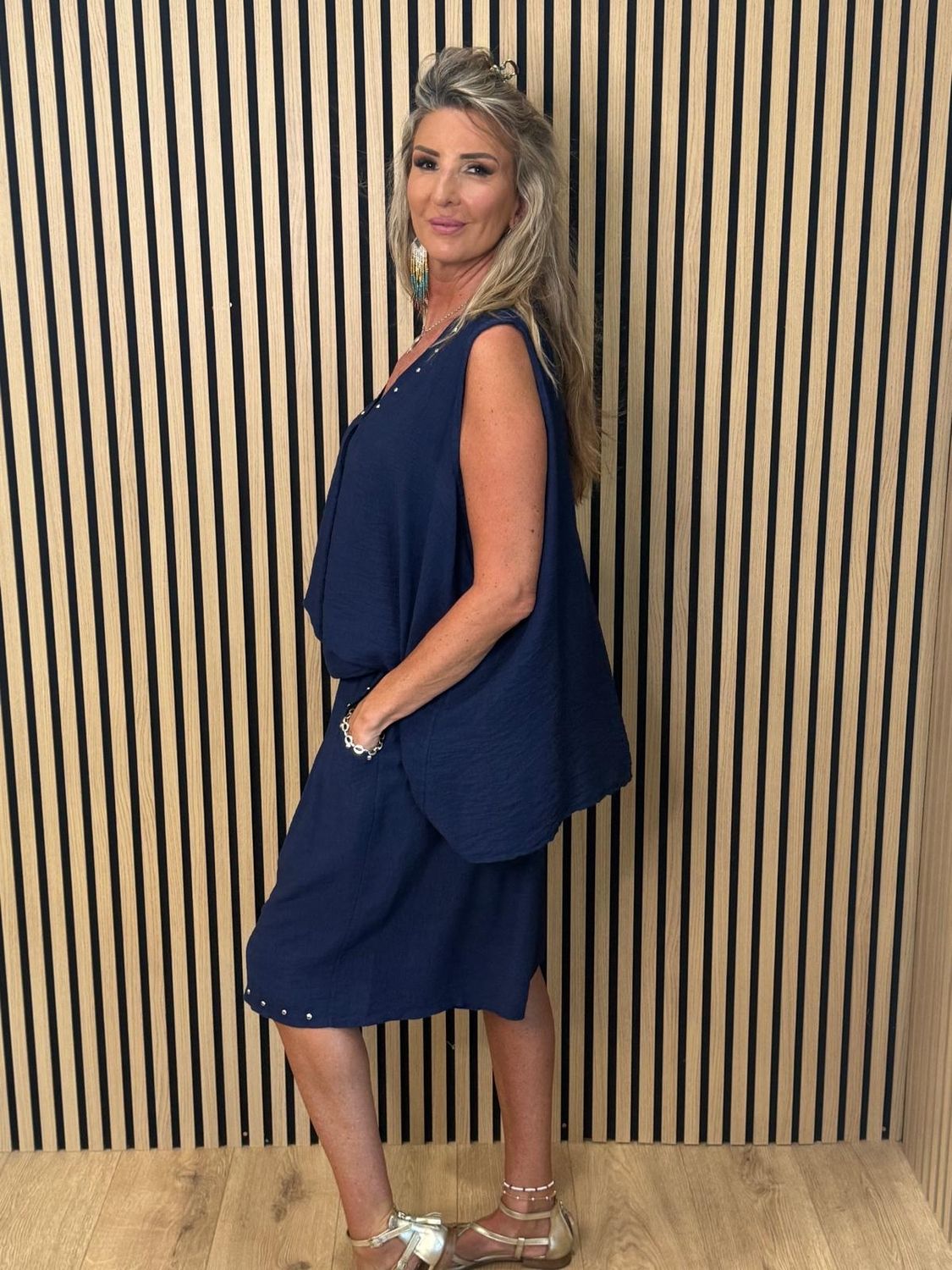 Stud Detail V-Neck Short Set – Navy