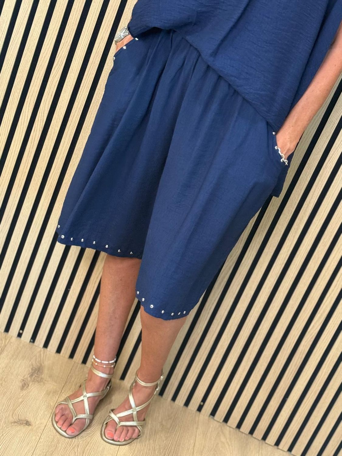 Stud Detail V-Neck Short Set – Navy