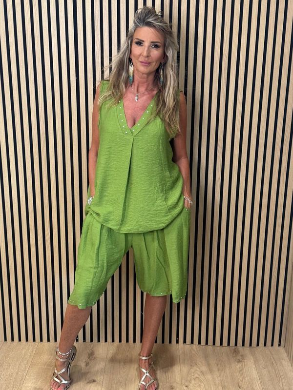 Stud Detail V-Neck Short Set – Green