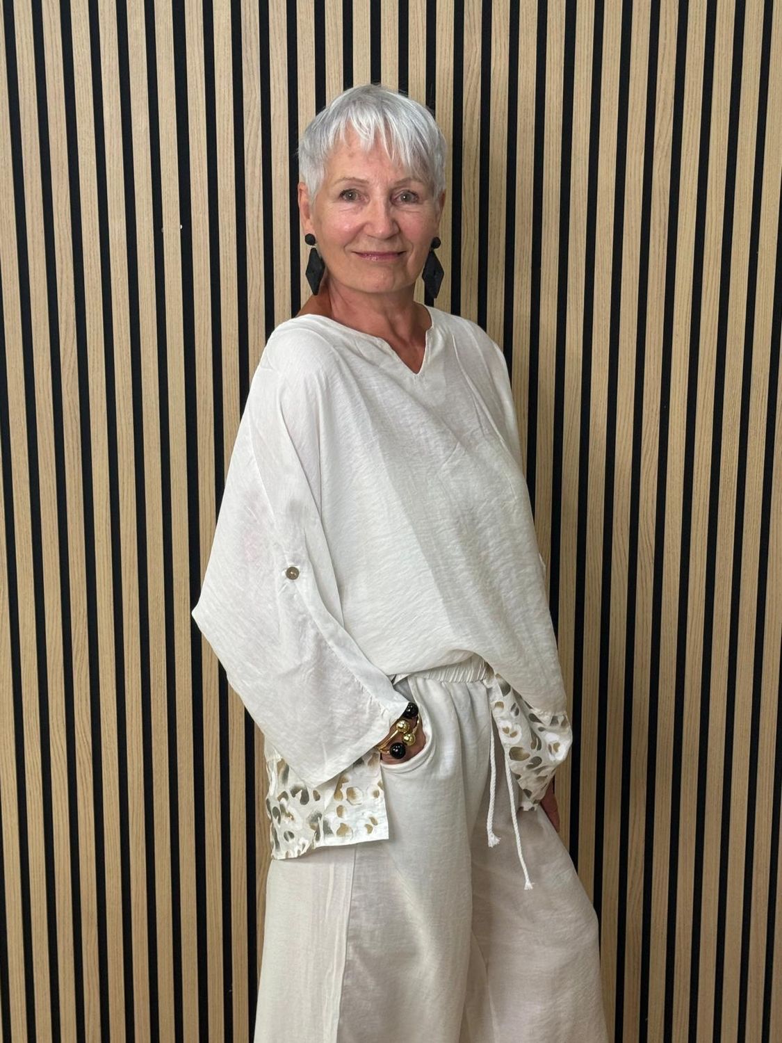 Leopard Trim Linen Blend Trouser Suit – White