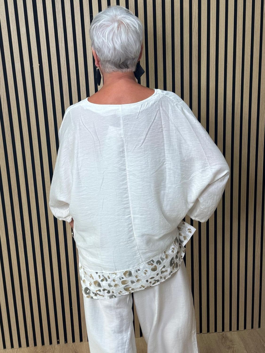 Leopard Trim Linen Blend Trouser Suit – White
