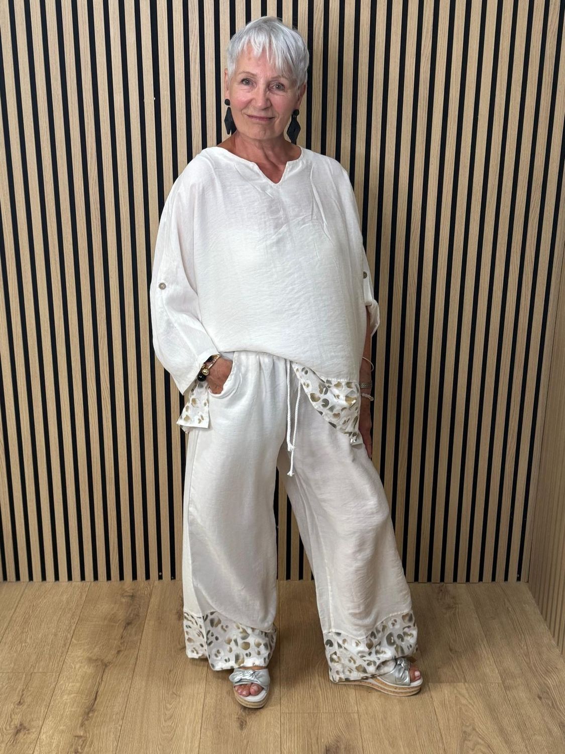 Leopard Trim Linen Blend Trouser Suit – White
