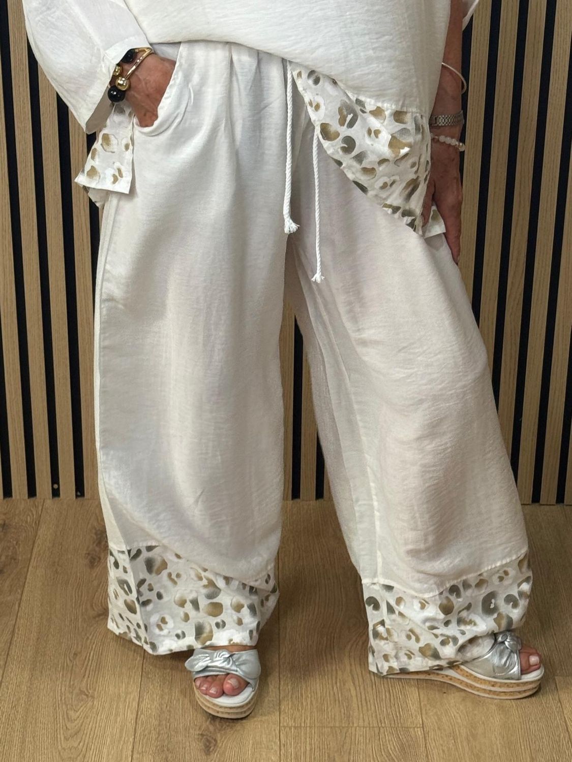 Leopard Trim Linen Blend Trouser Suit – White