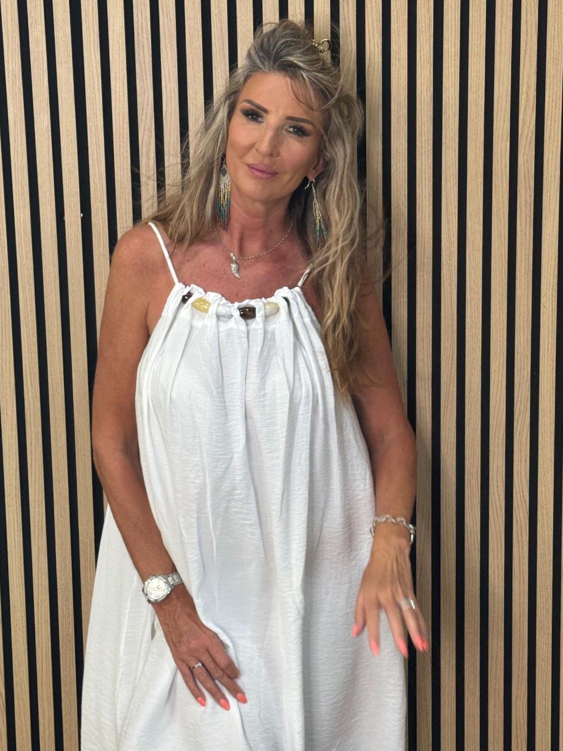Beaded Swing Dress – White