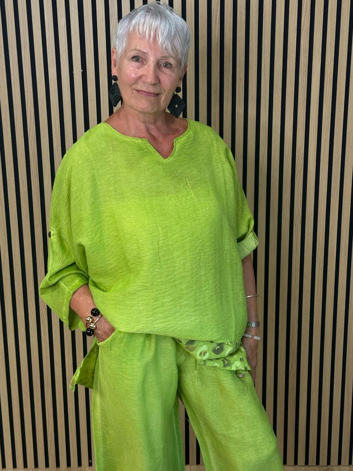 Leopard Trim Linen Blend Trouser Suit - Lime