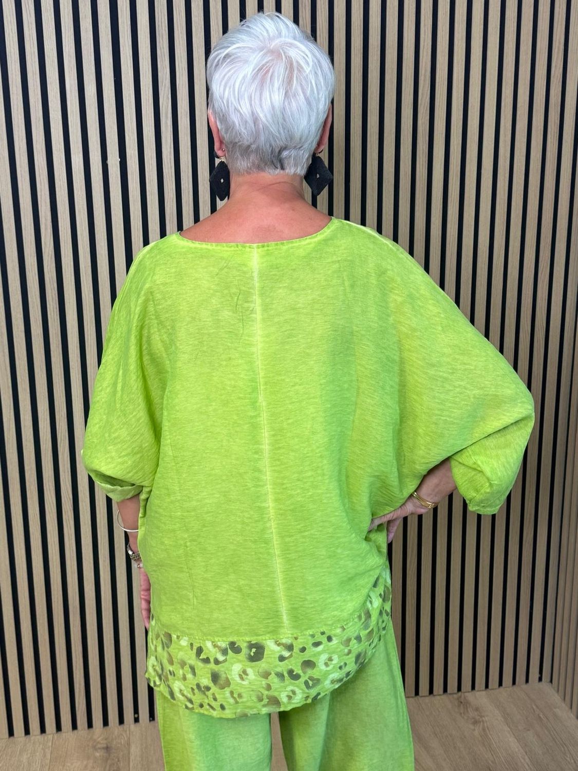 Leopard Trim Linen Blend Trouser Suit - Lime