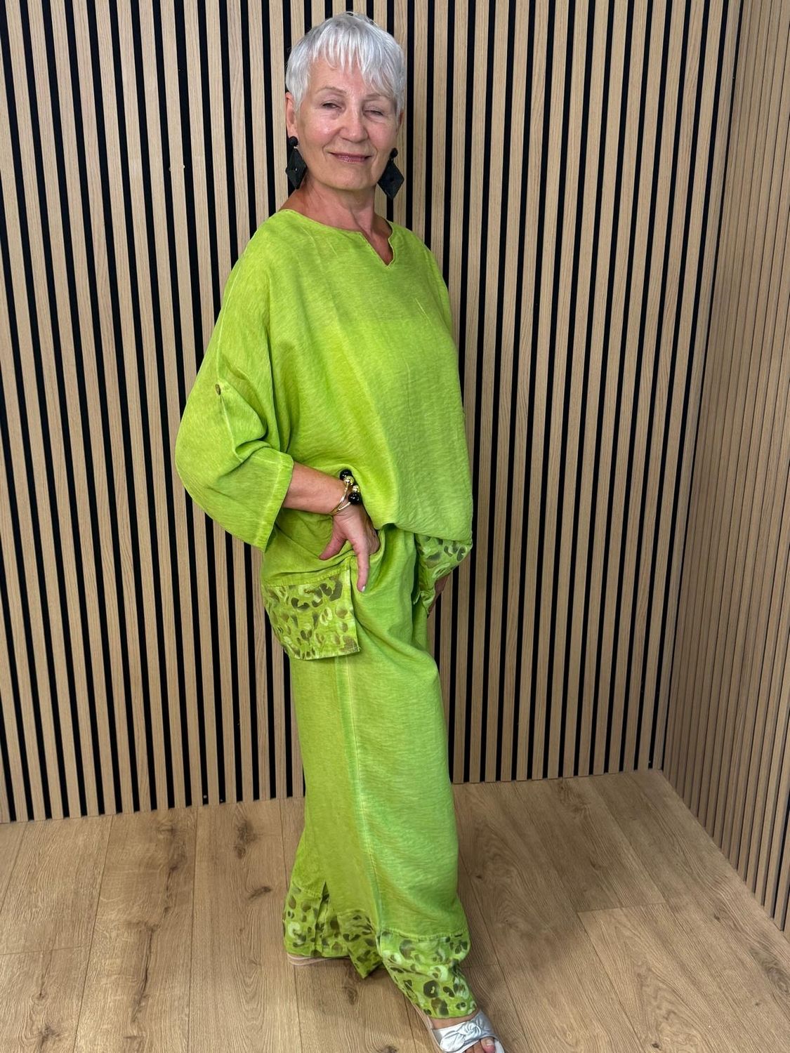 Leopard Trim Linen Blend Trouser Suit - Lime