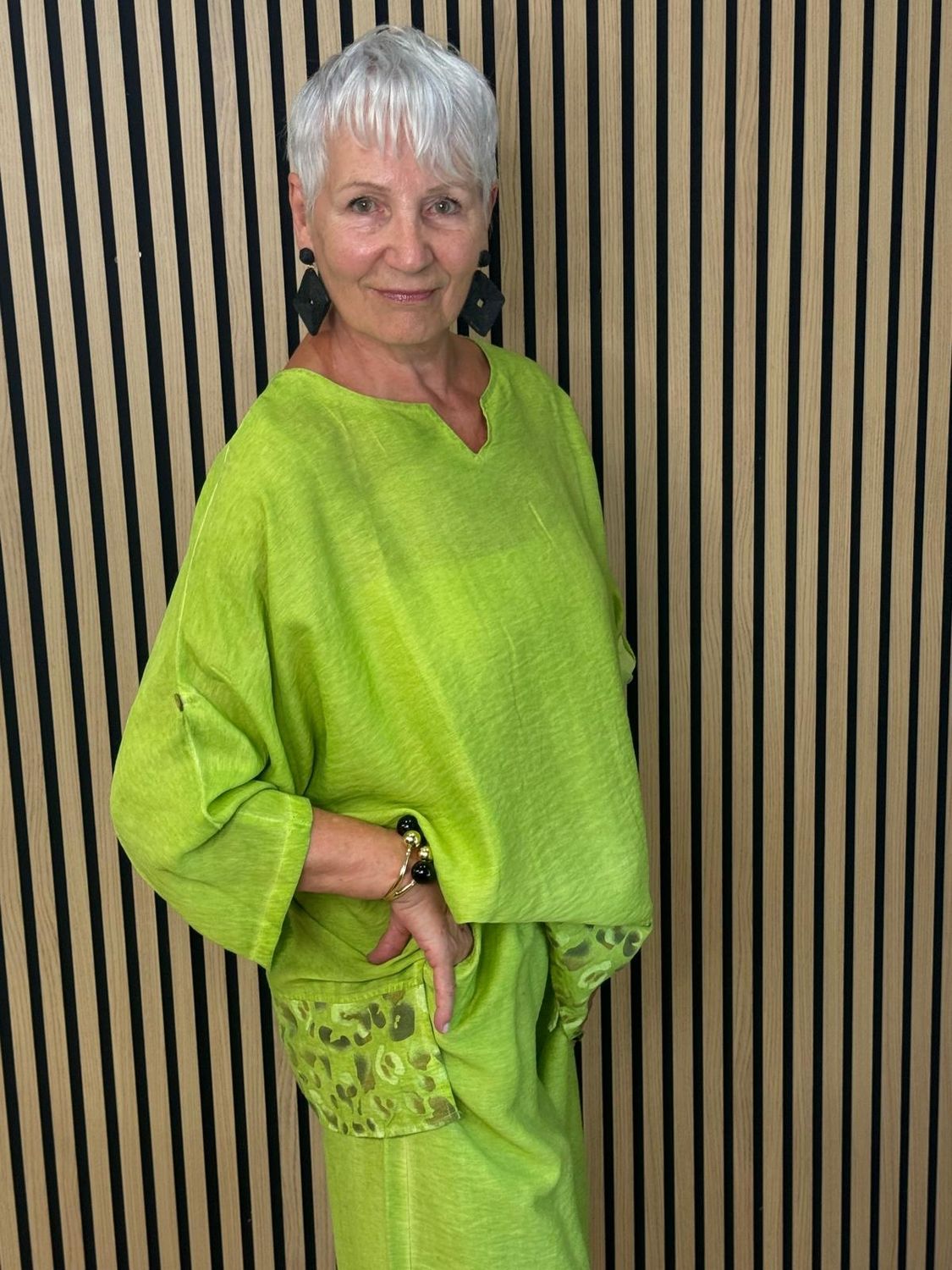 Leopard Trim Linen Blend Trouser Suit - Lime