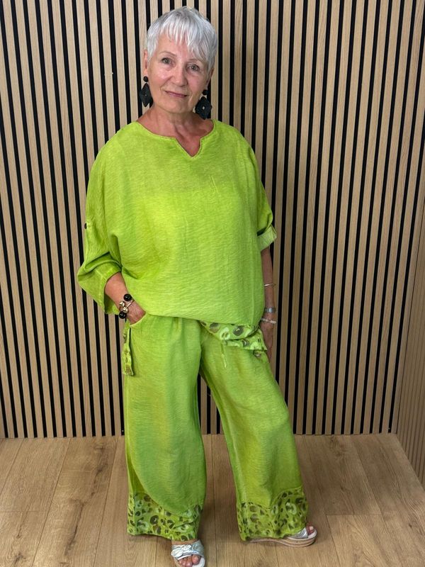 Leopard Trim Linen Blend Trouser Suit - Lime