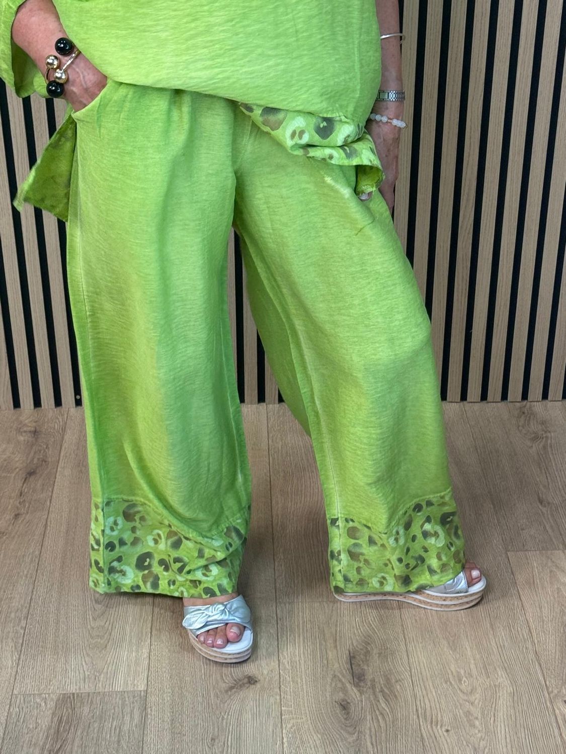 Leopard Trim Linen Blend Trouser Suit - Lime