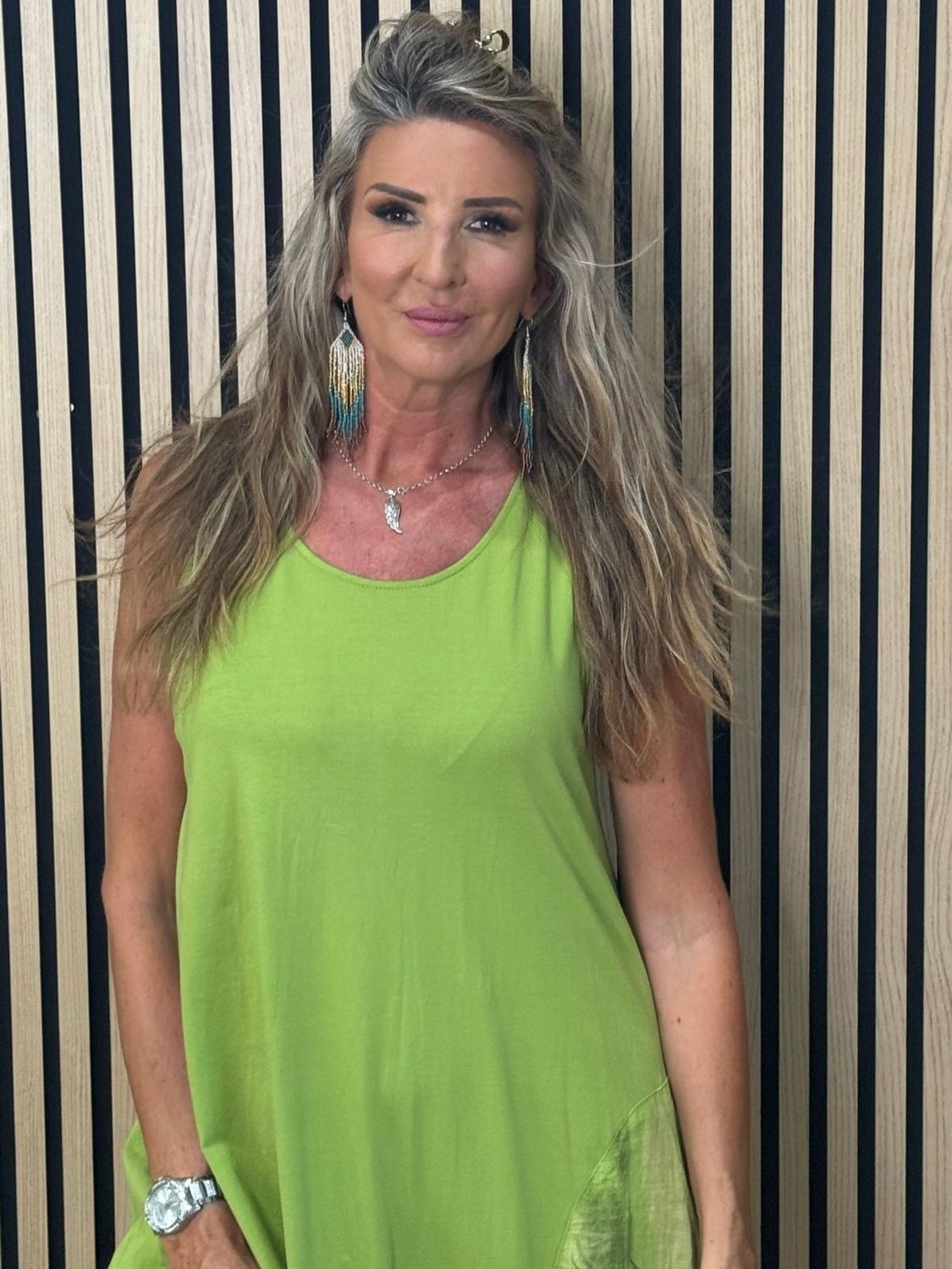 Floral Border Cotton Blend Dress – Lime