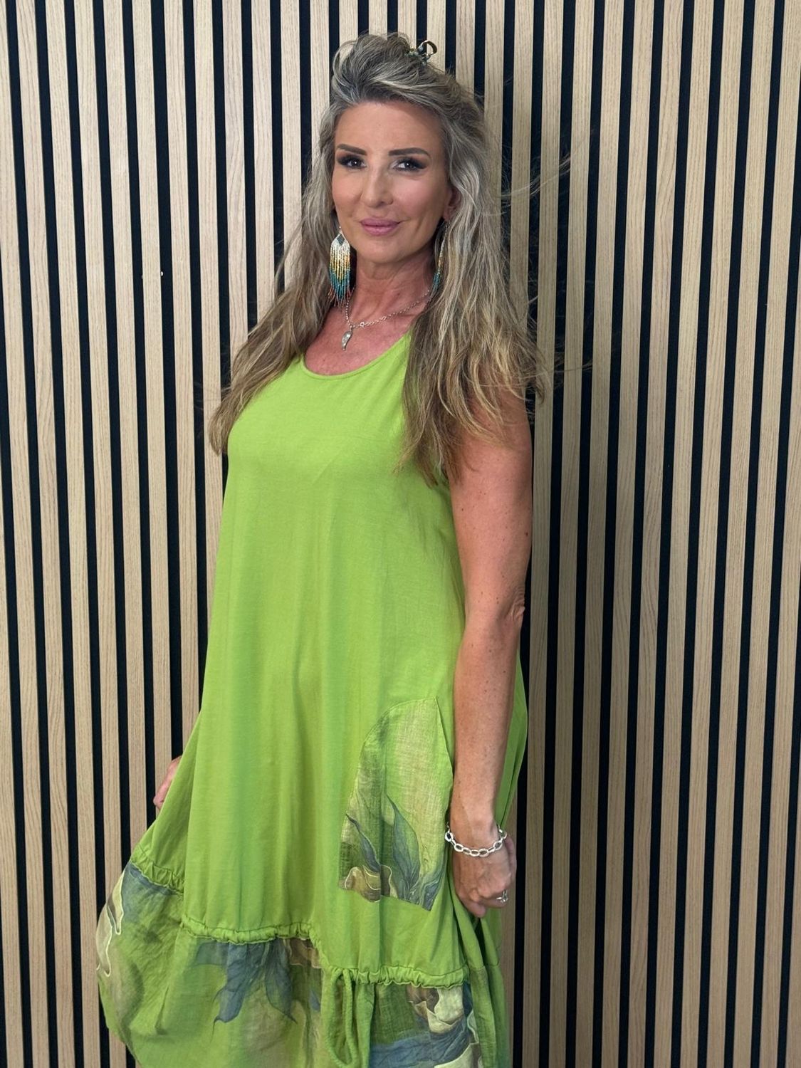 Floral Border Cotton Blend Dress – Lime