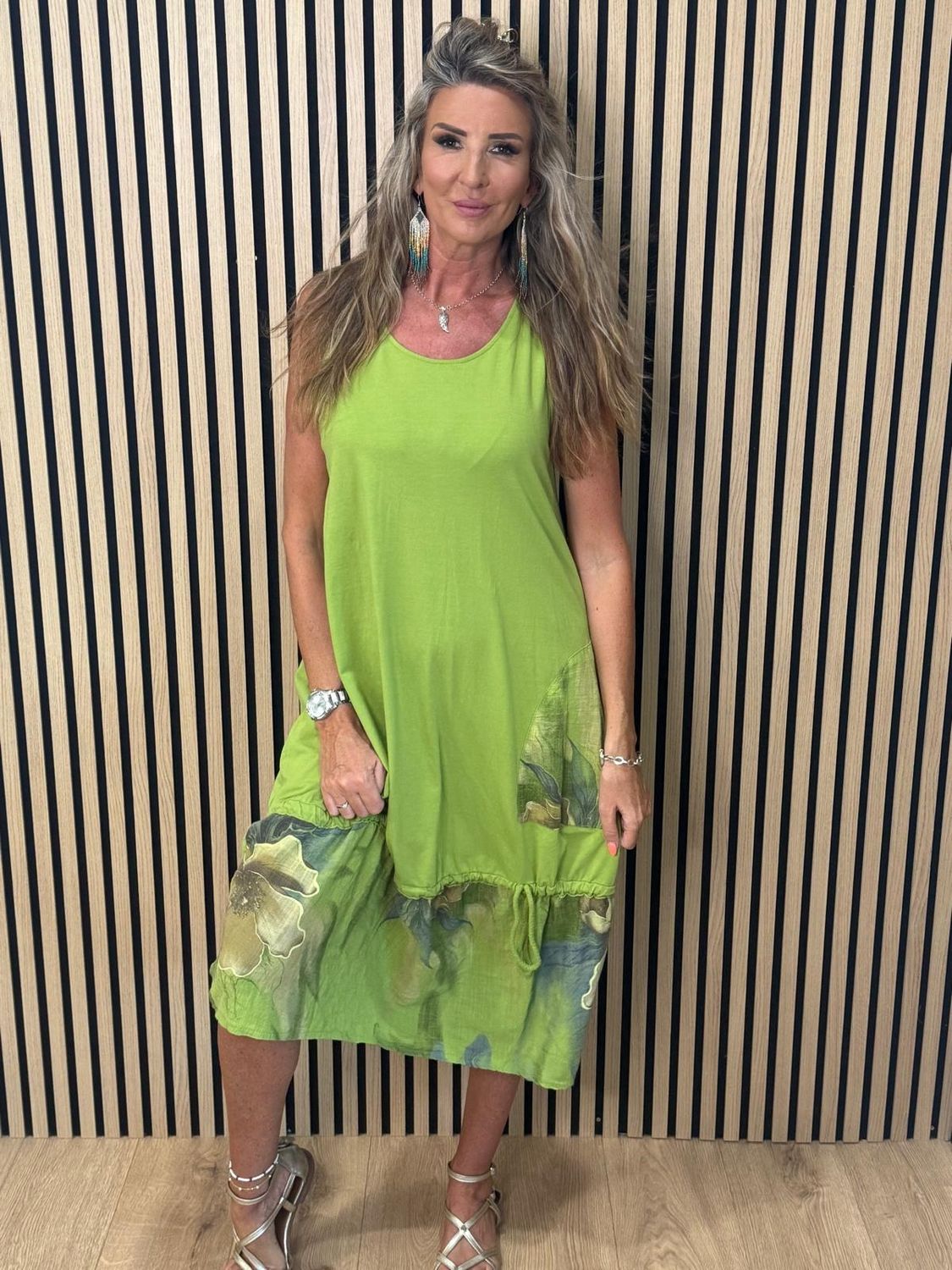 Floral Border Cotton Blend Dress – Lime