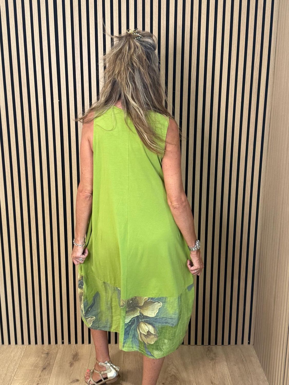 Floral Border Cotton Blend Dress – Lime