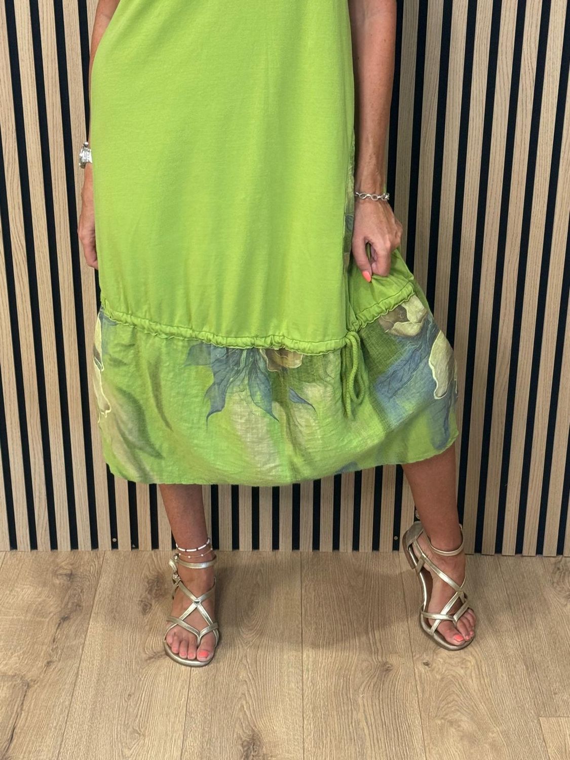 Floral Border Cotton Blend Dress – Lime