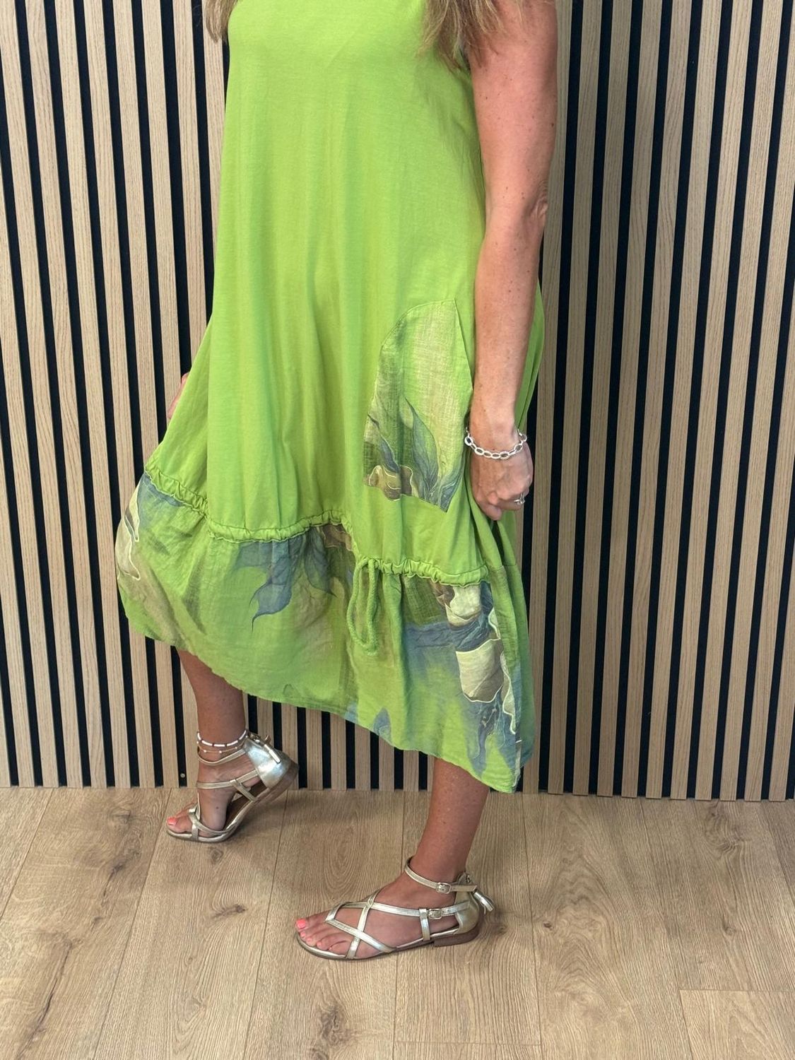 Floral Border Cotton Blend Dress – Lime