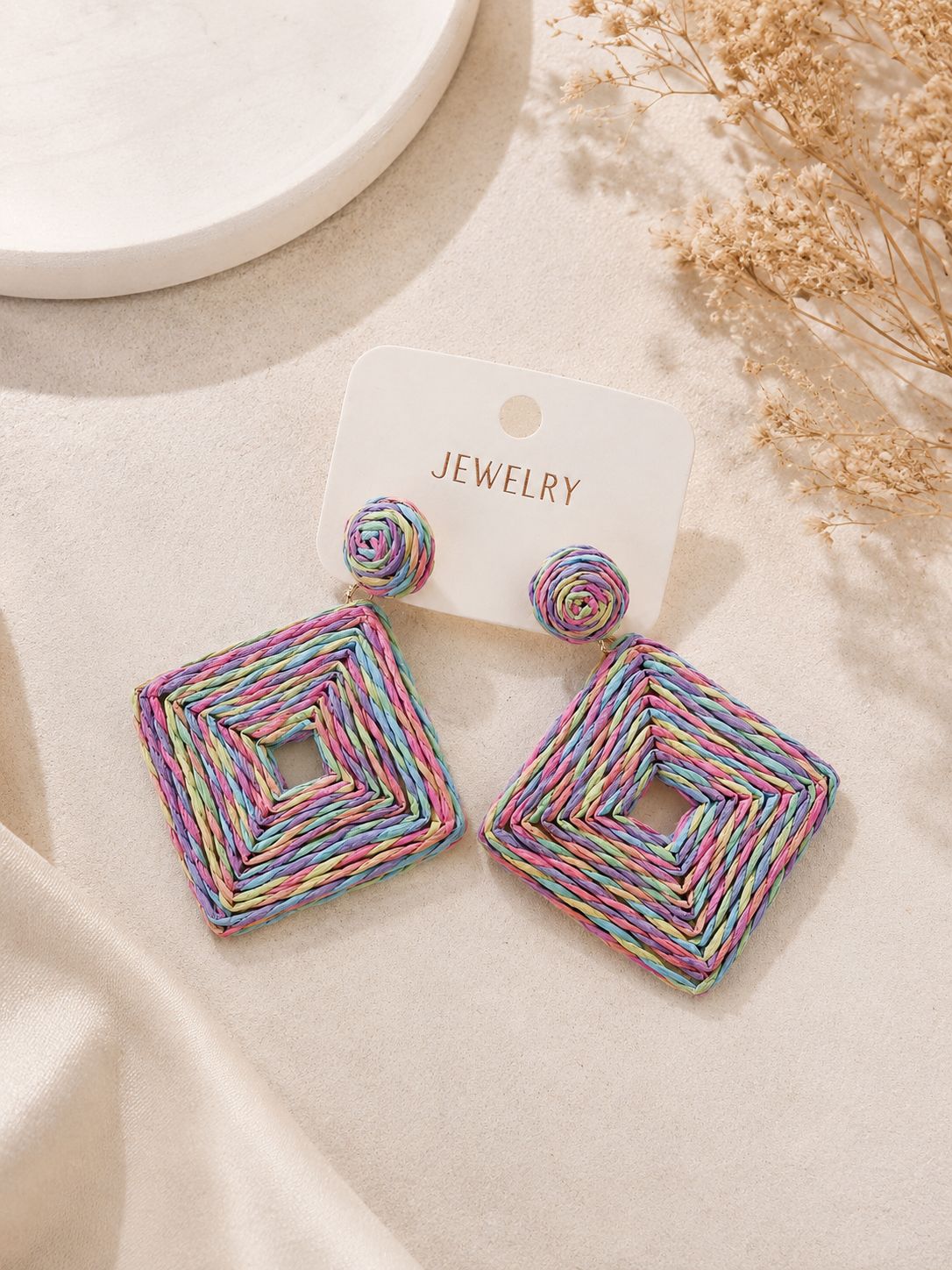 Woven Square Drop Earrings – Multi Pastels