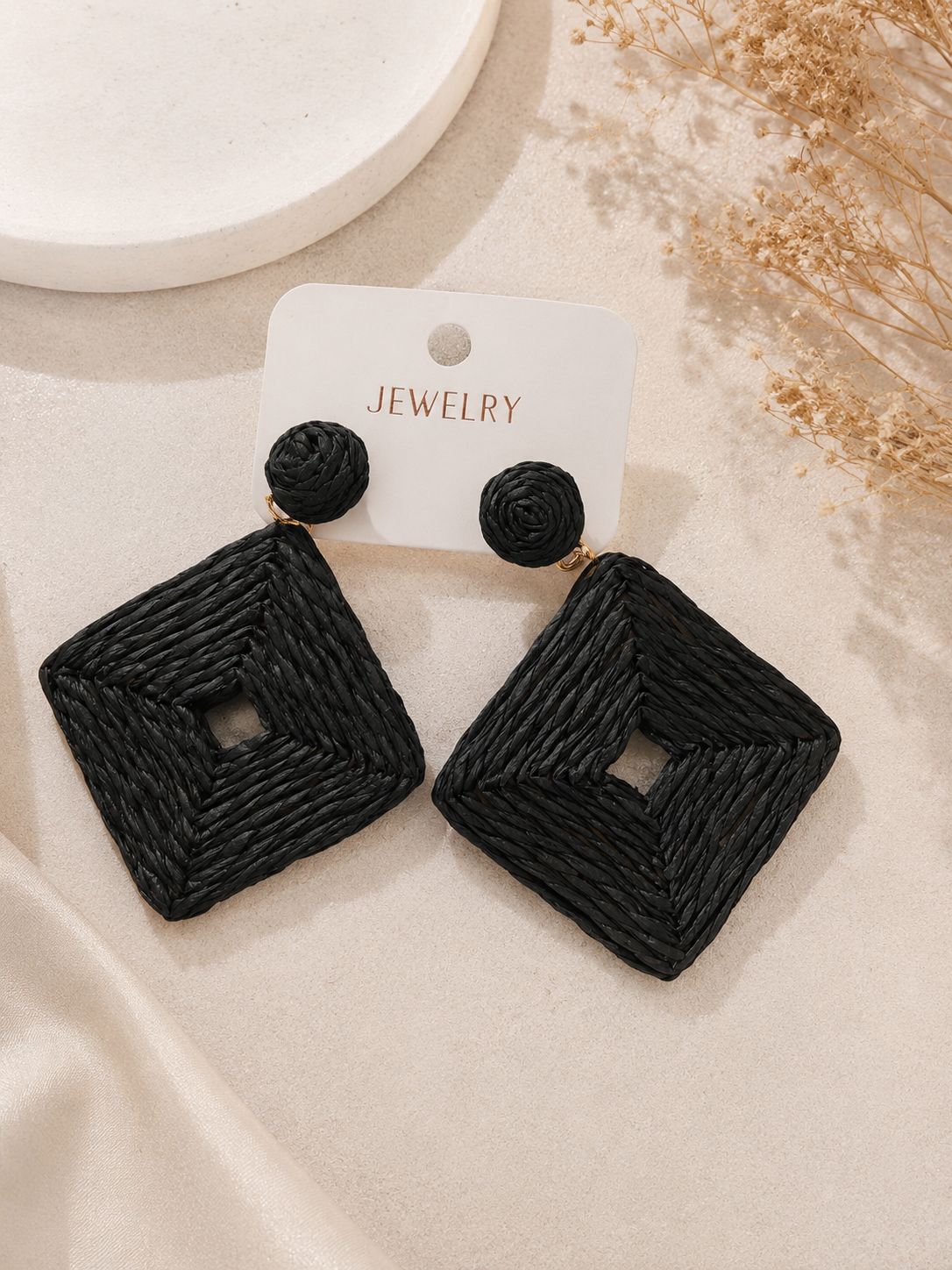 Woven Square Drop Earrings –  Black