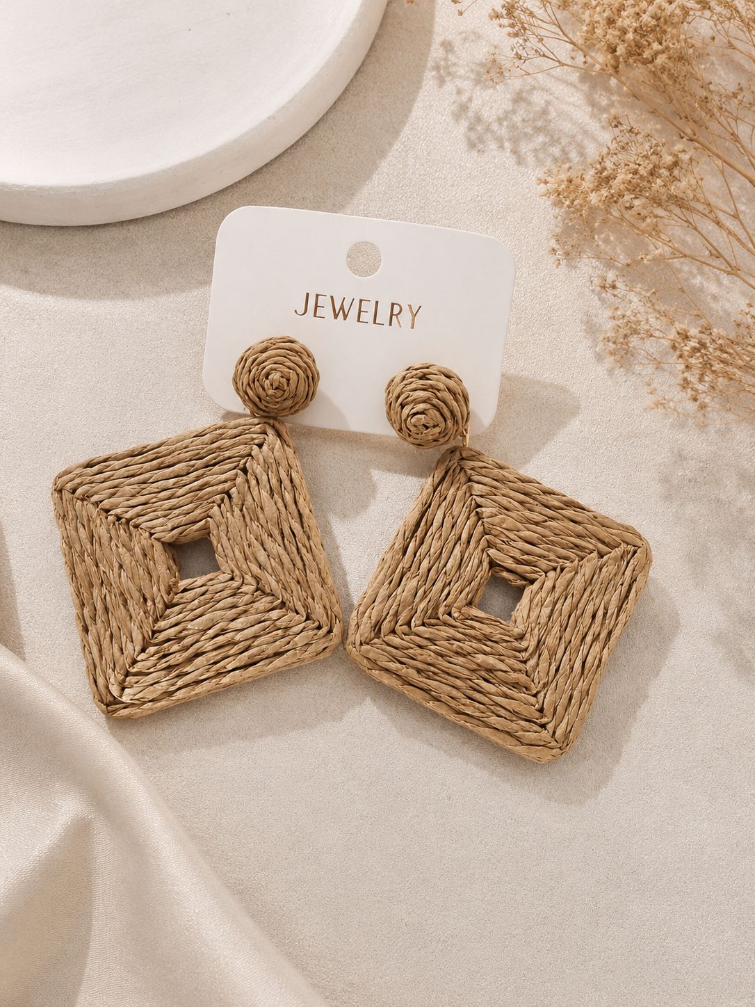 Woven Square Drop Earrings – Neutral