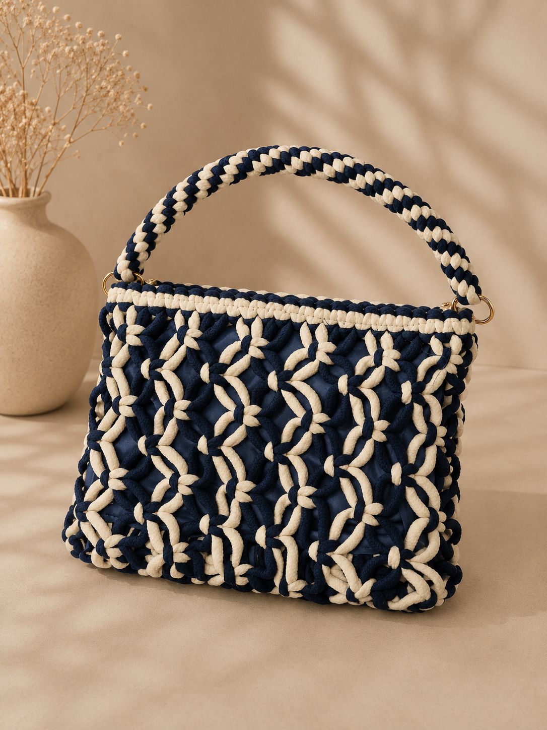 Woven Macramé Handbag - Navy/cream