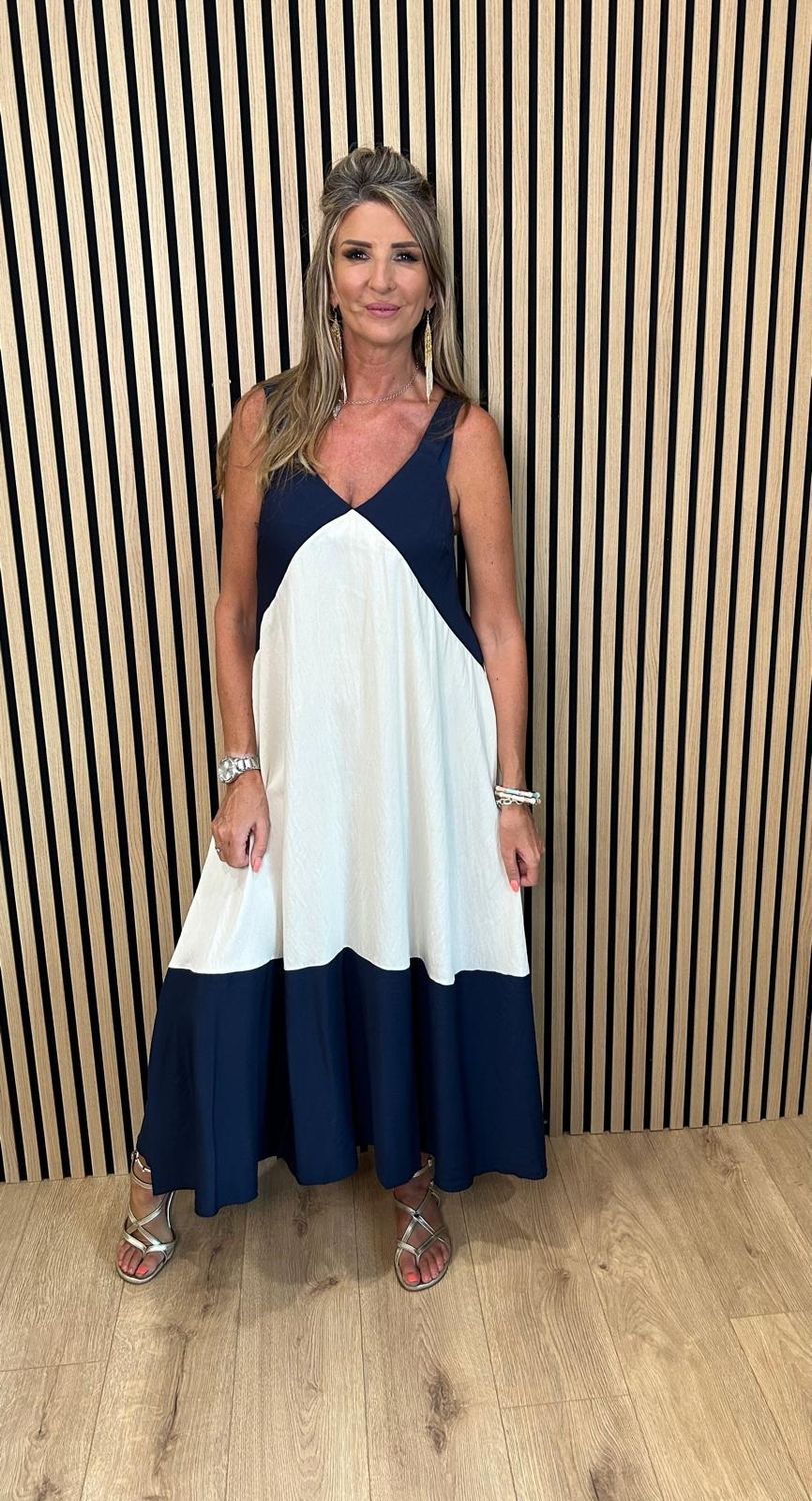 Colour Block Maxi Dress – Navy/White