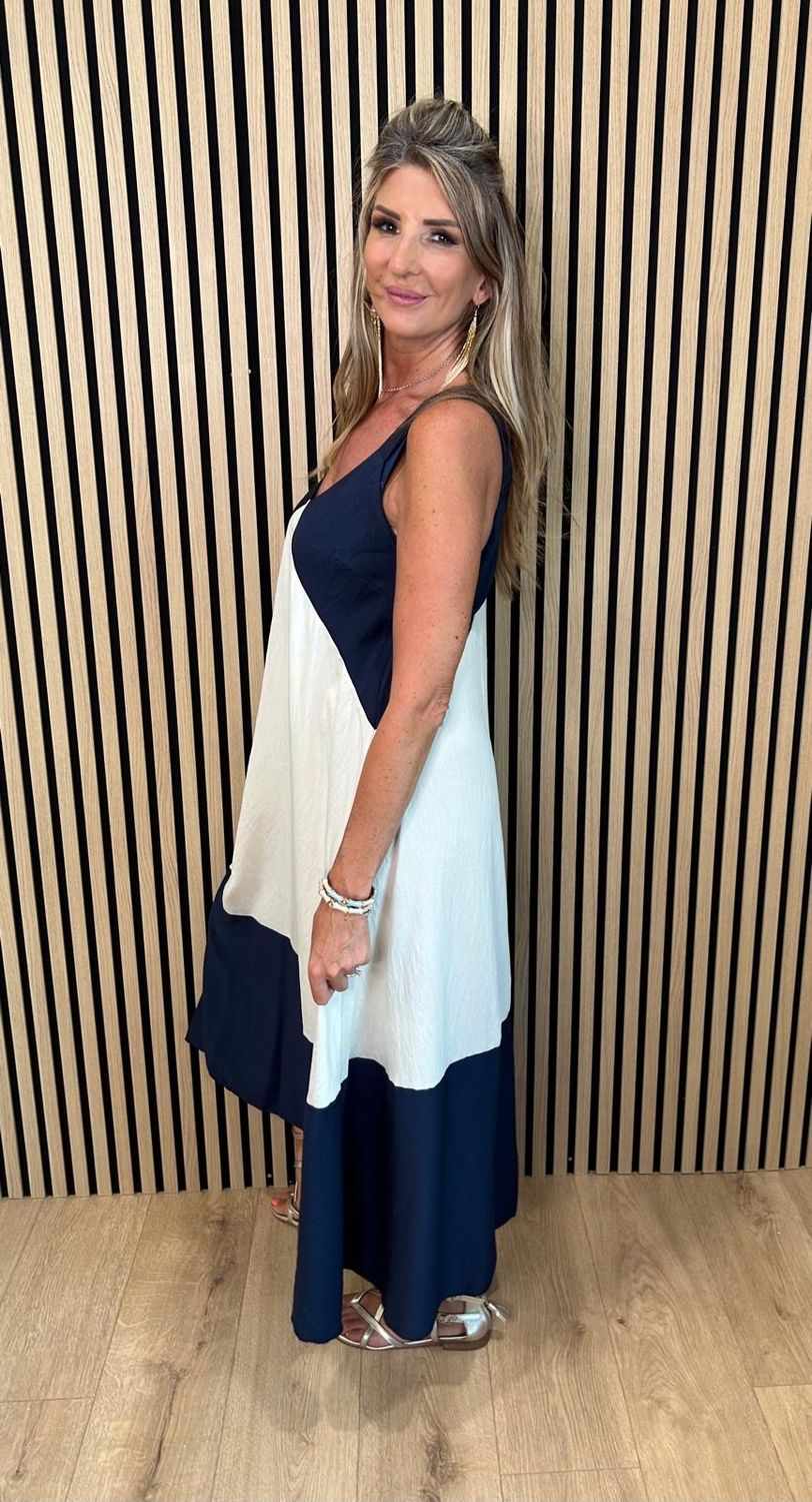 Colour Block Maxi Dress – Navy/White