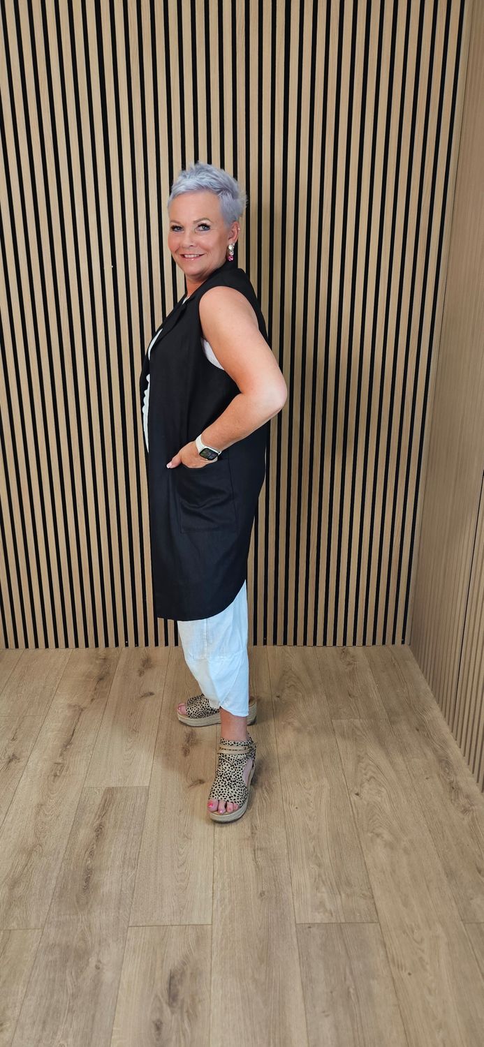 Linen Blend Longline Waistcoat – Black