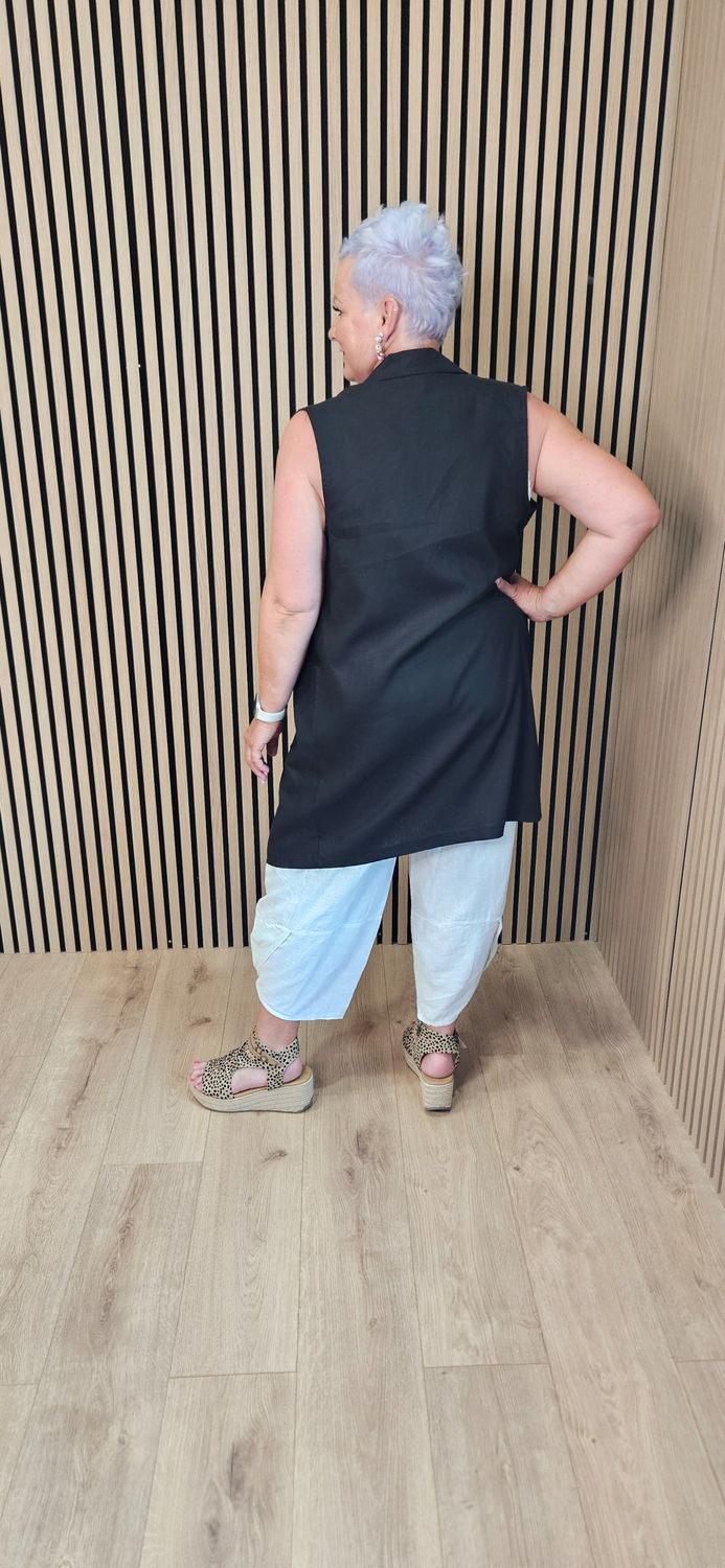 Linen Blend Longline Waistcoat – Black