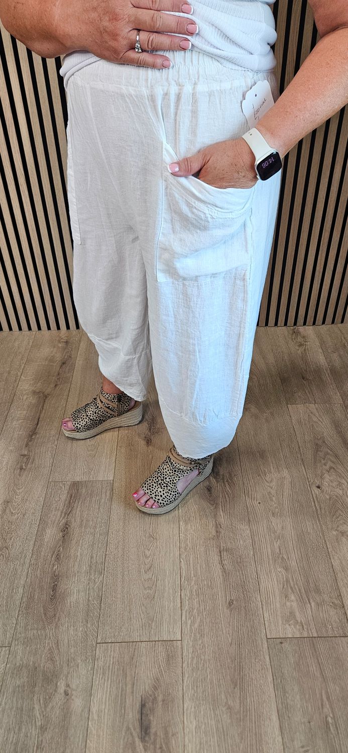 100% Linen Pocket Trousers – White