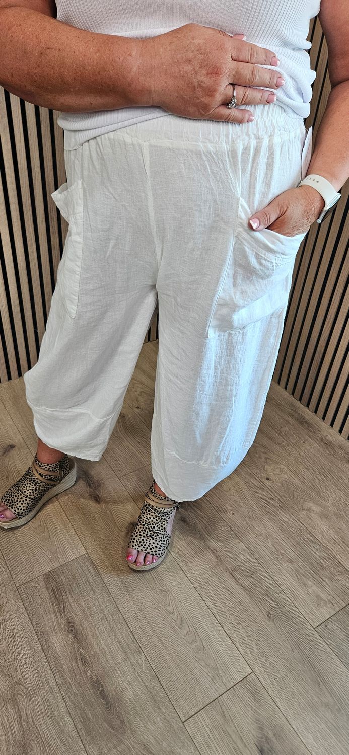 100% Linen Pocket Trousers – White