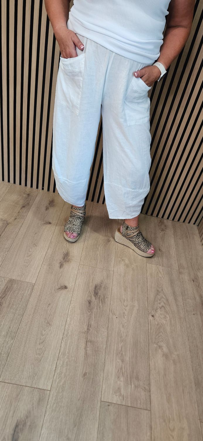 100% Linen Pocket Trousers – White