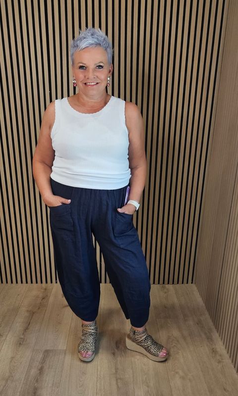 Linen Blend Pocket Trousers - Navy