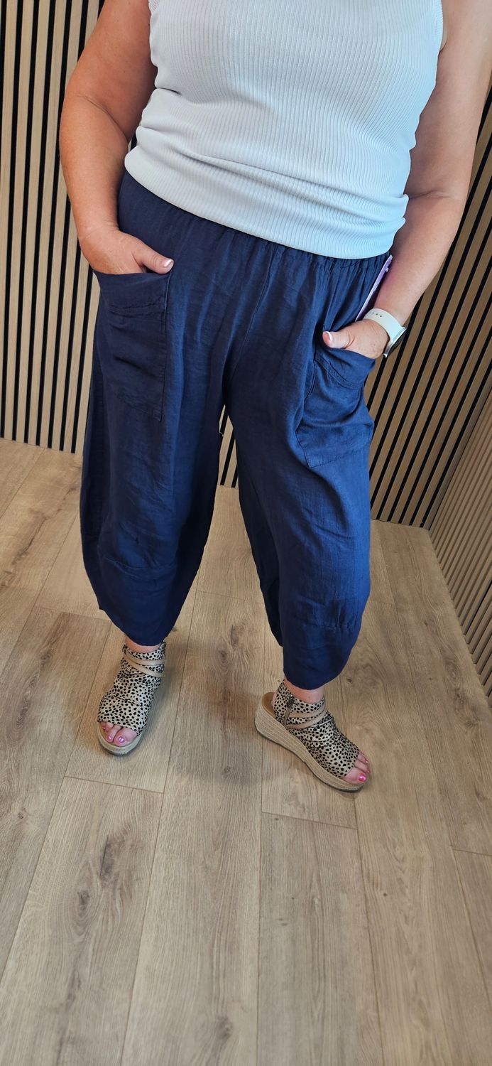 100% Linen Pocket Trousers - Navy