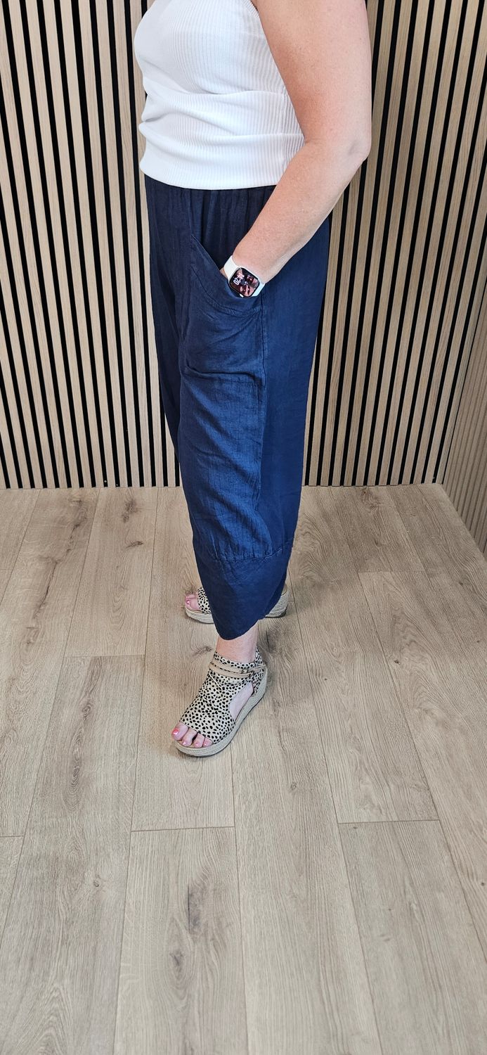 100% Linen Pocket Trousers - Navy