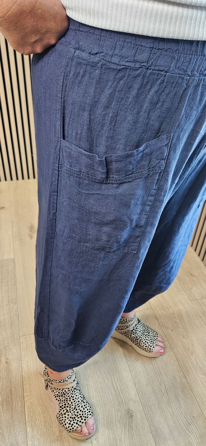 100% Linen Pocket Trousers - Navy